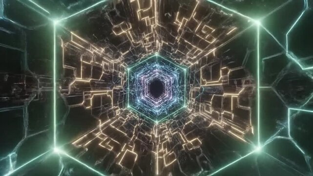 Infinite digital tunnel with glowing blue and pink geometric lines and a central hexagonal core, abstract science fiction background with vibrant colors