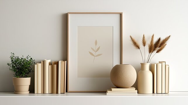 Neutral toned shelf with framed art, books, plants, and dried grass in vases