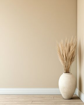 Neutral-toned room corner with tall dried grass in an urn