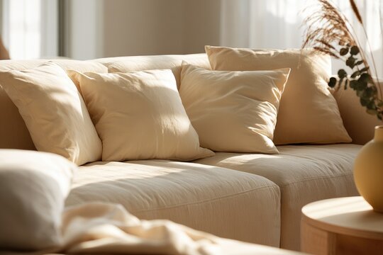 Plush, neutral-toned sofa with soft pillows in warm, natural light