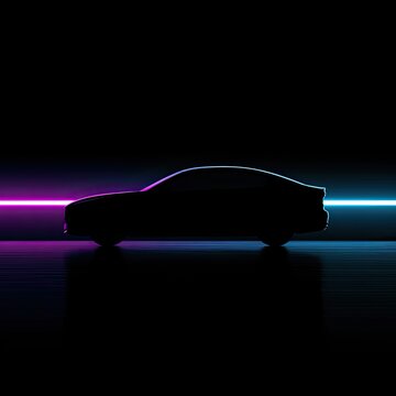 Silhouette of a sleek car outlined by vibrant neon light