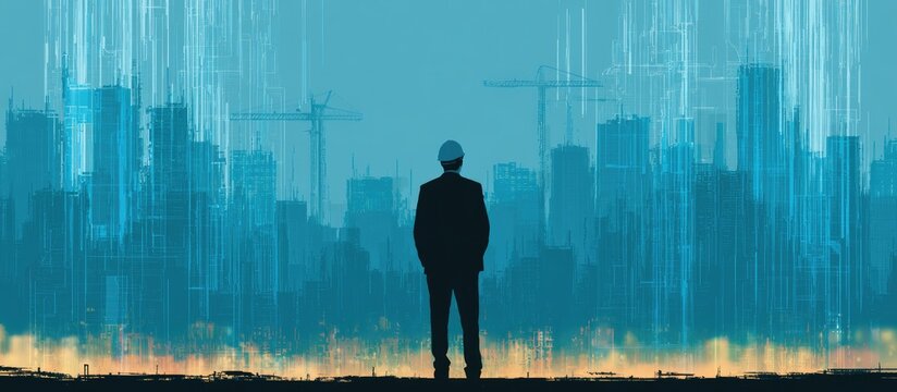 Silhouette of a person in suit observing a futuristic, digitally rendered city skyline