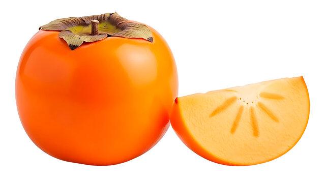 IA generated, high quality studio shot of a fresh ripe persimmon fruit whole with water drops and a half isolated on a clean white background, ideal for autumn food, exotic dessert and healthy nutriti