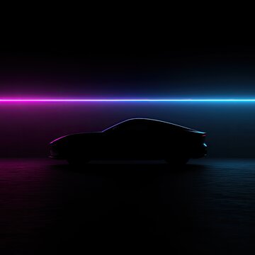Sleek vehicle silhouette illuminated by vibrant neon light in darkness