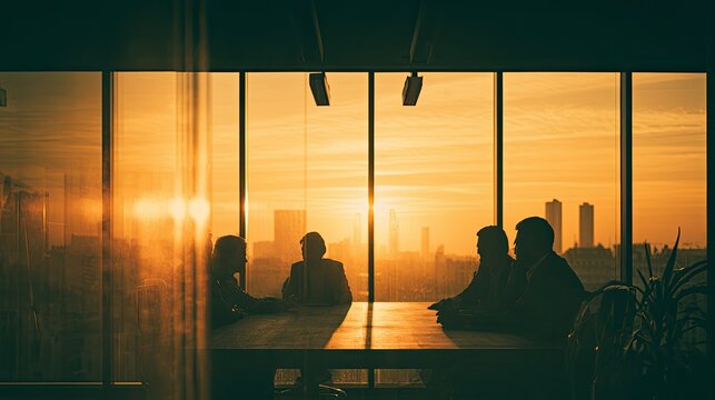 Silhouetted figures gather around a table in a sunlit modern office