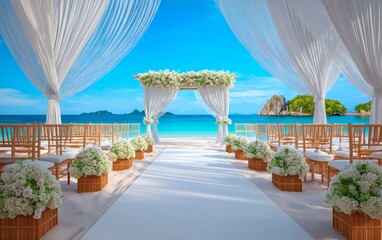 Fototapeta premium Elegant Beach Wedding Ceremony Setup with Floral Decor Under Tents