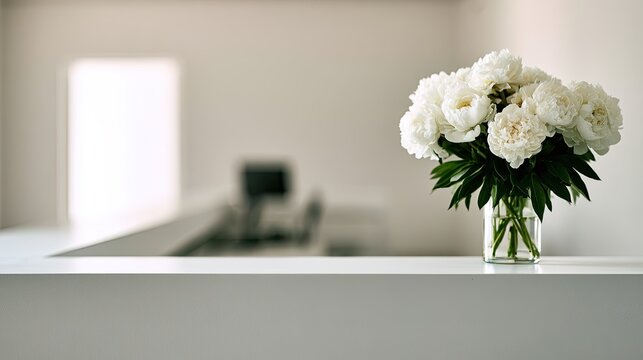 Soft focus interior with a vase of lush white peonies on a counter