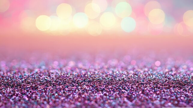 Soft focus on sparkly pink and purple glitter with blurred bokeh lights above