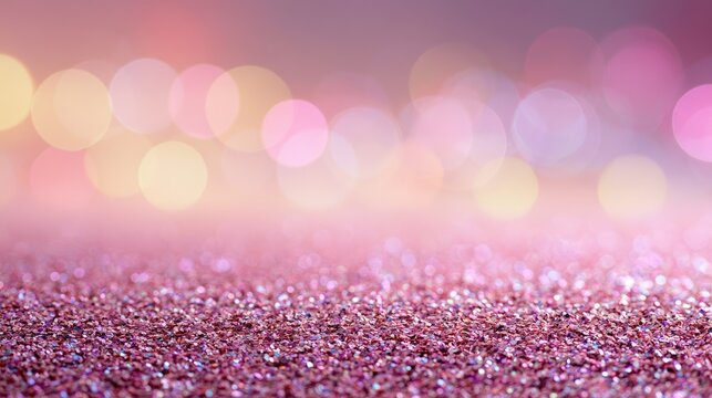 Soft focus pink and purple bokeh lights sparkle over a shimmering pink glitter surface