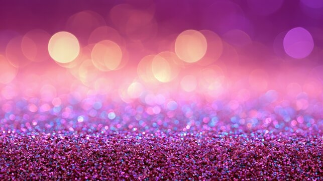 Soft focus, sparkly purple and pink bokeh lights creating an abstract, festive background