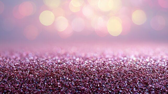 Sparkling pink glitter foreground with soft, blurred bokeh lights in the background