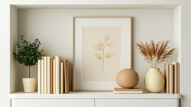 Softly lit shelf displays neutral-toned art, books, and natural decor elements