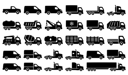 Truck and Van Black Silhouette Icon Set Pickup Vehicle Vector Collection © Md