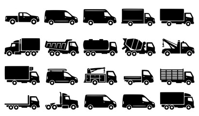 Modern Truck and Commercial Vehicle Silhouette Vector Icon Pack © Md