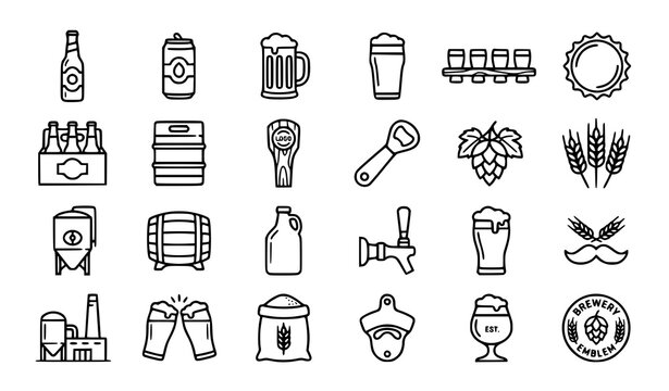 Professional Beer and Brewery Equipment Outline Icon Collection Vector Set