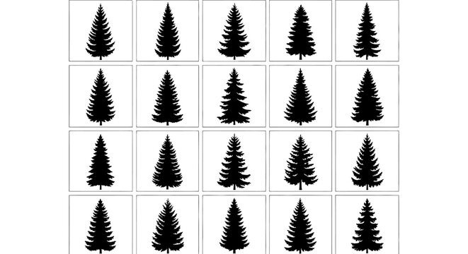Collection of various pine tree silhouettes in squares