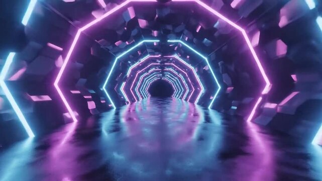 Futuristic hexagonal tunnel illuminated by glowing neon pink and cyan lights, with a reflective dark floor and geometric dark walls creating a sense of depth and advanced technology