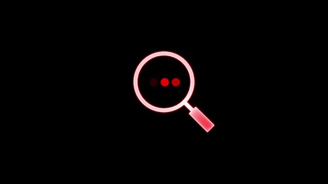 Neon red magnifying glass search animation with loading dots