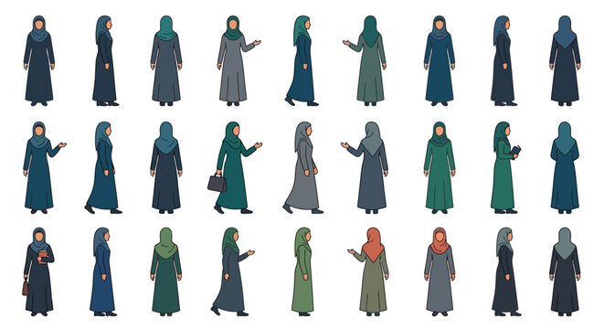 Islamic women silhouette set in modest clothing hijab and abaya editable stroke front side and back views collection