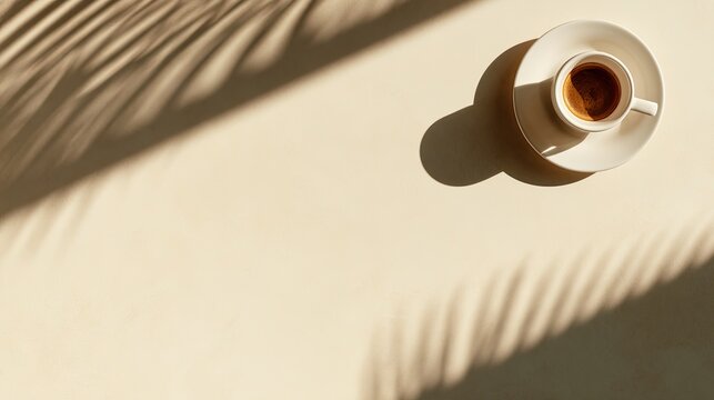Warm sunlight casts palm leaf shadows on a light beige surface with espresso