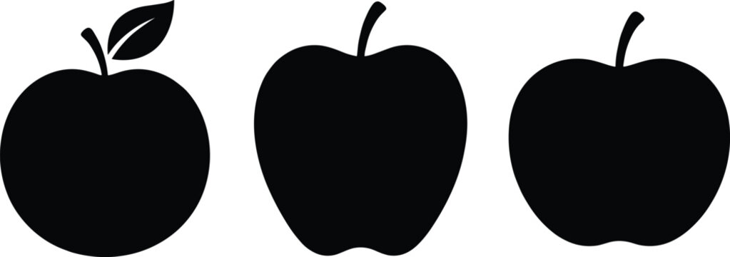Three black silhouettes of whole apples with stems and a leaf, isolated on a white... desi