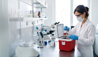 Fototapeta premium A scientist in a lab coat puts a sample into a red cooler while wearing gloves and a mask. The room has many scientific tools and is well-organized for testing