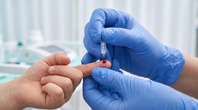 A health worker in blue gloves performs a finger prick on a child's hand to collect a blood sample in a clinic. The child sits calmly during the routine check-up