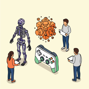 People and gaming controller robot.