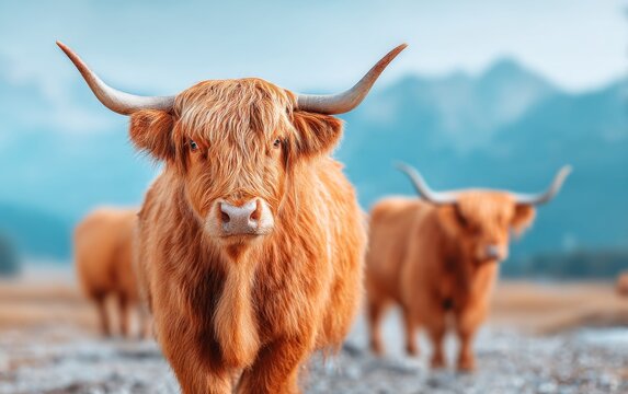 Shaggy Highland Cattle on Farm with Scenic Background in Scotland