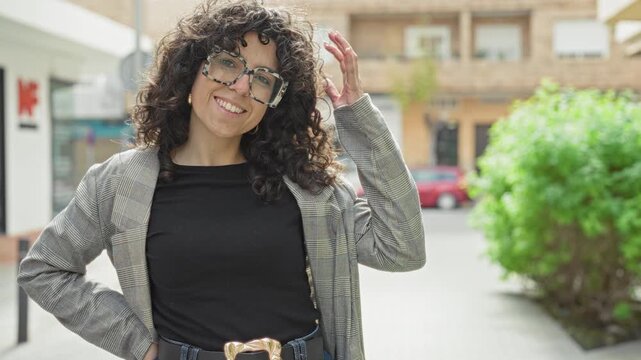 Young hispanic woman with curly hair adjusting oversized glasses while smiling and hands in hair on a sunny street; carefree joy.