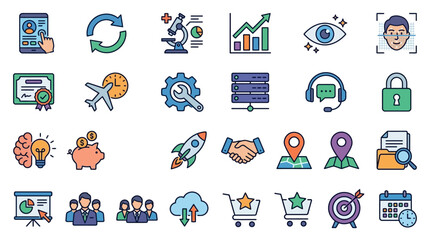 Fototapeta premium Modern Business Solutions Icon Pack with Editable Strokes Touchscreen Reload Medical Diagnostics Graph Eye Scan Face Tech Certification