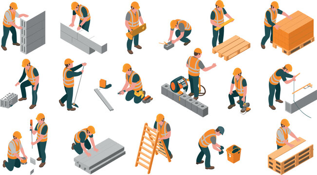 Isometric construction workers vector set with builders characters working with tools and building isolated on white background