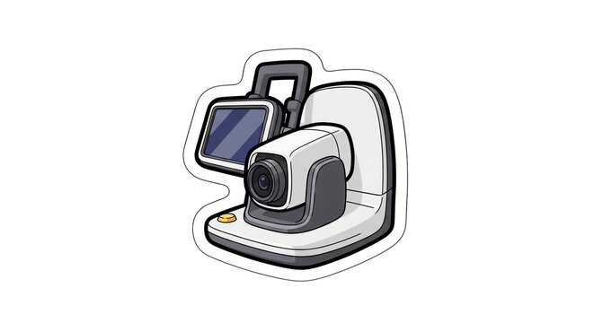 Modern medical ophthalmic autorefractor sticker illustration for eye care clinics featuring digital screen and diagnostic lens on plain white background.