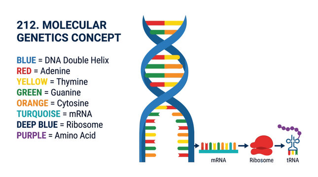 Molecular Genetics Concept: DNA Double Helix, mRNA, Ribosome, tRNA, Amino Acids