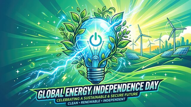 Bright glowing electric lightbulb with wind turbines and solar panels for global energy independence day concept