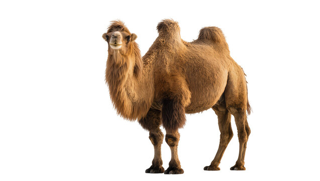 Dromedary camel with one hump brown fur, standing on white