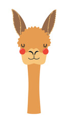 Fototapeta premium Cute little vicuna face illustration isolated. Kawaii cartoon character. Wild animal, baby animal, wildlife, nature, fauna. Kids print, design element, clip art. Hand drawn flat vector