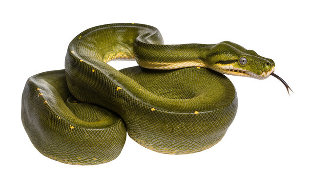 Green python coiled with yellow spots and forked tongue extended