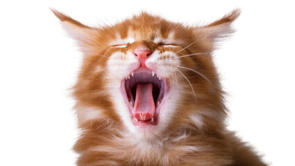 Fluffy orange tabby kitten yawning wide showing pink tongue and sharp teeth © Natalia