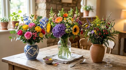 Fototapeta premium Colorful bouquet of fresh flowers arranged on a rustic wooden table indoors.
