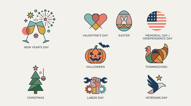 Various holiday icons with symbols and words on display for celebrations