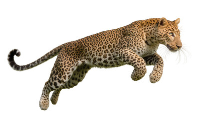 Leopard mid-air jump powerful predator spotted fur, dynamic pose © Natalia