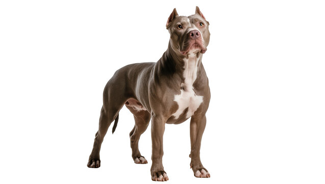 Muscular American Pit Bull Terrier dog standing, grey and white coat