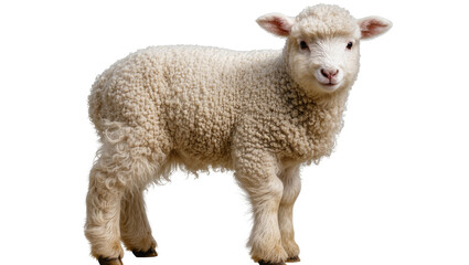 Fototapeta premium Fluffy white lamb standing on white