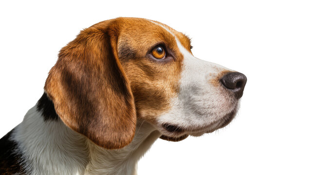 Beagle dog head profile tri-color fur brown eyes, black nose
