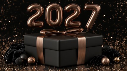 The year 2027 in floating rose gold 3D numbers above a matte black gift box with metallic ribbon on a dark glitter background.
