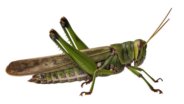Green grasshopper with brown wings and segmented body
