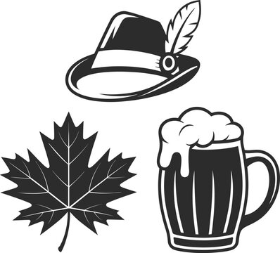 German hunting hat with feather maple leaf and frothy beer mug icons on white background