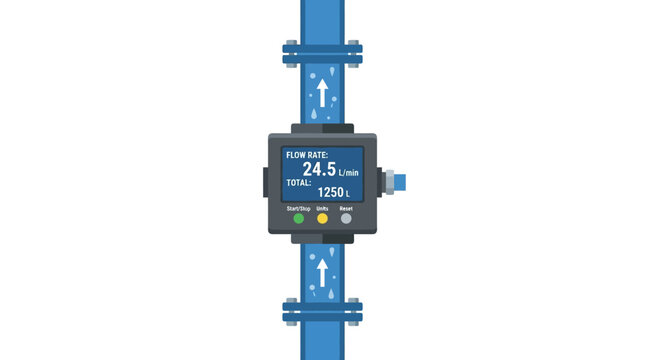 Digital Flow Meter Displaying Liquid Flow Rate and Total on Industrial Pipe