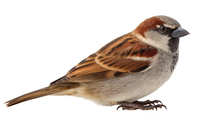Male House Sparrow perched on white © Natalia